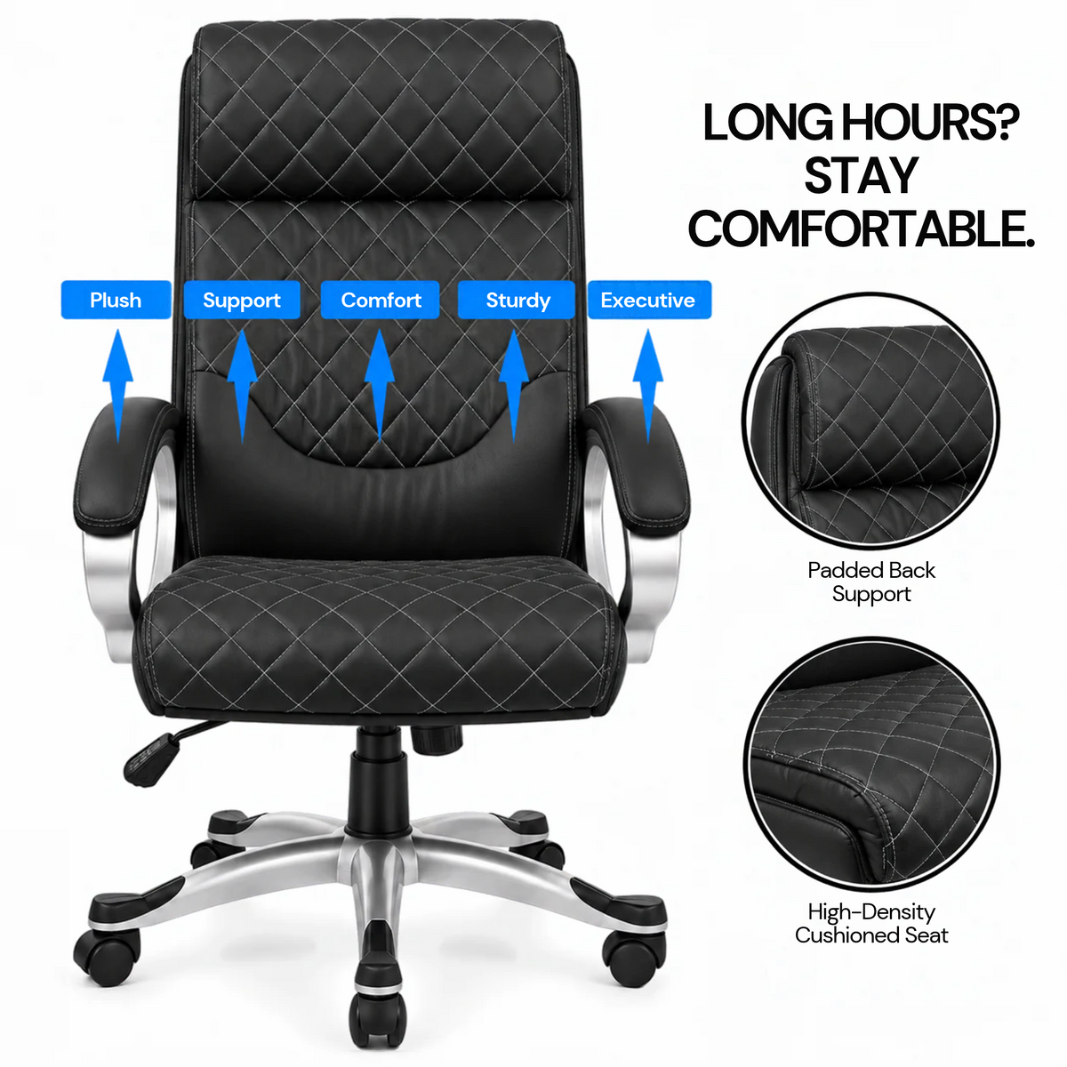 Luxury Executive Office Chair with Diamond Quilted High Backrest, Padded Headrest, Cushioned Armrests, Adjustable Height & Chrome Swivel Base