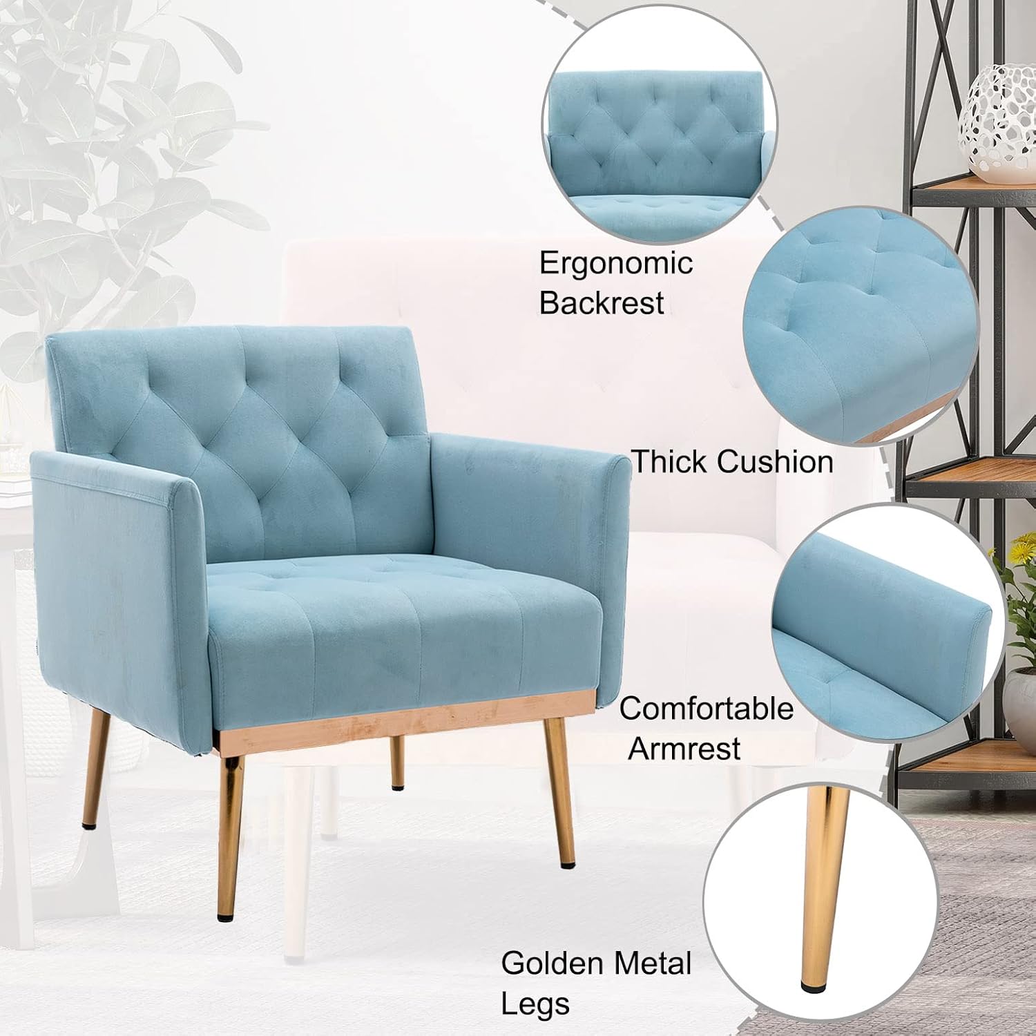 Lounge Chair with Arm For Home Furniture Modern & Durable Design Upholstery Velvet Comfortable Seating for Living Room & Offices - Sky Blue
