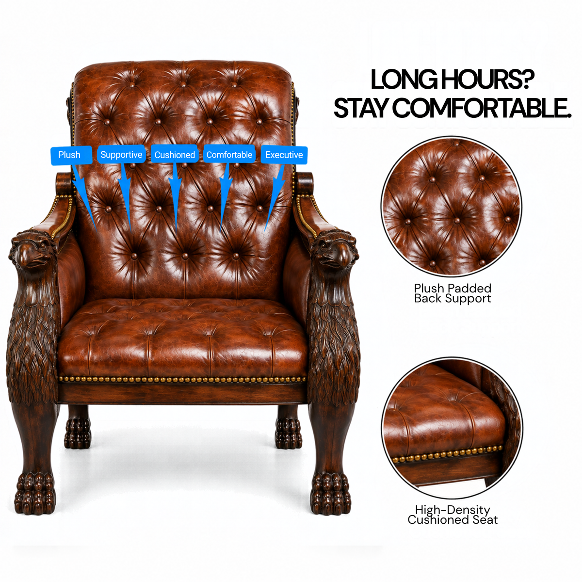 Royal Handcrafted Director's Chair – Solid Teak Wood with Leatherette Upholstery & Brown Carved Armrests