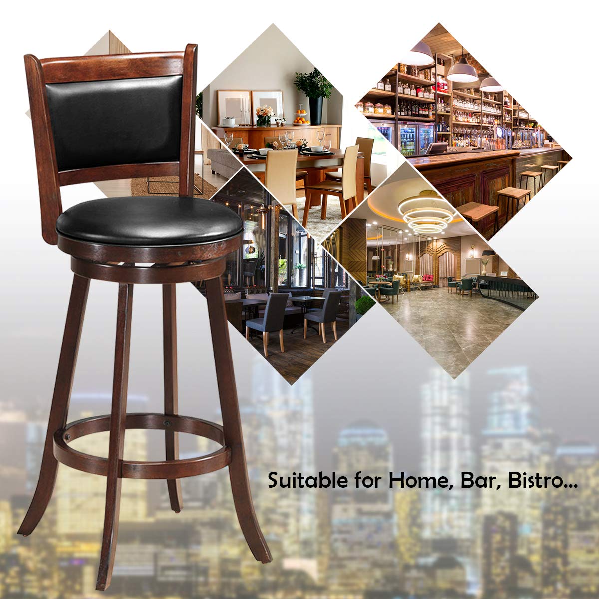 Swivel Counter Height Bar Stool with Padded Faux Leather Seat and Back, Solid Wood Frame - Ideal for Bar Stool