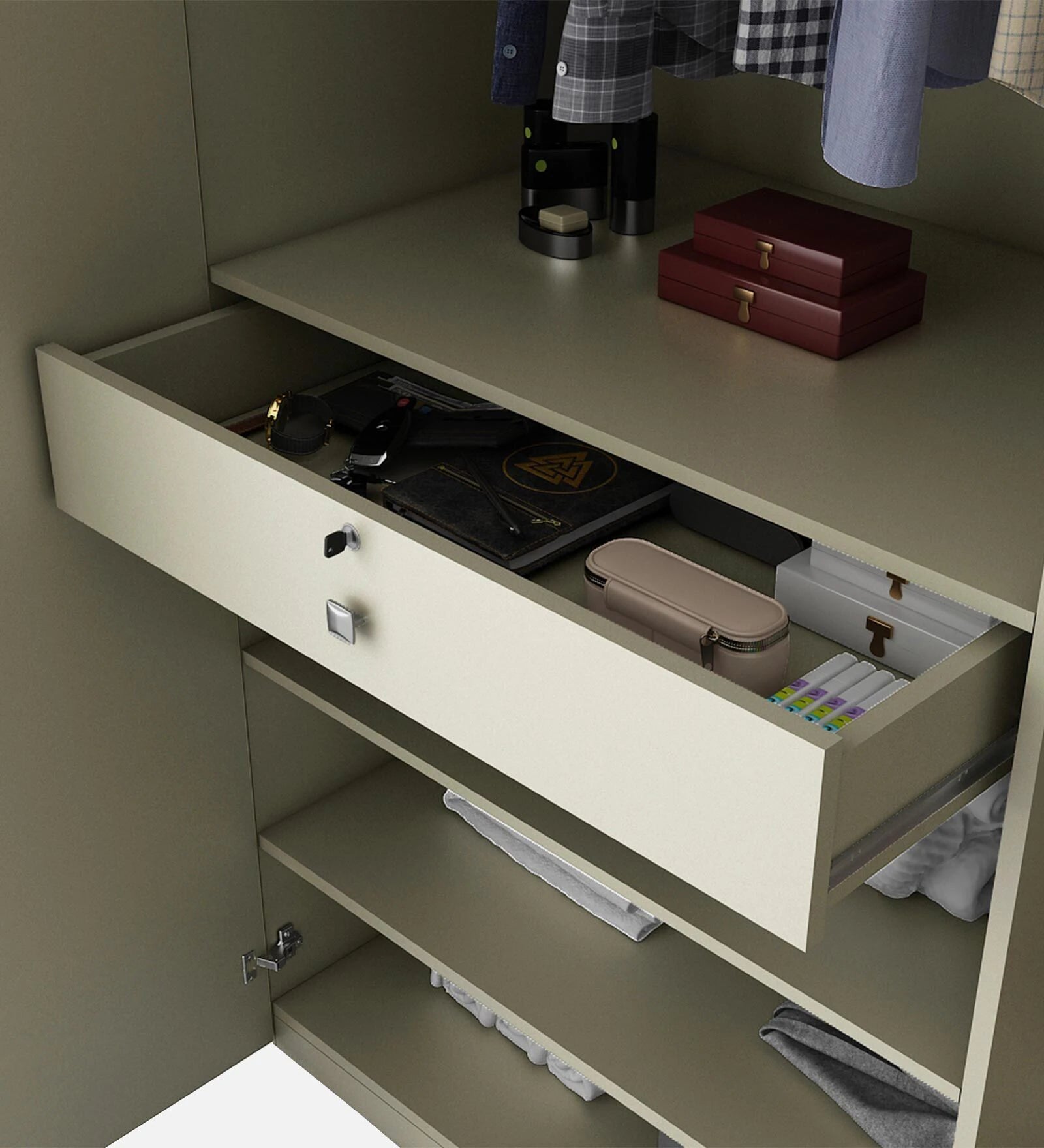Wardrobe 4‑Door with Modern Design, Soft-Close Mechanism, Designer Handles with Locker and Drawers