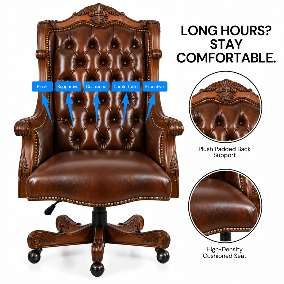 Luxury Design Boss and Director High-Back Leatherette Office Chair Swivel, Adjustable Height, Fixed Armrest, and for Wooden Base