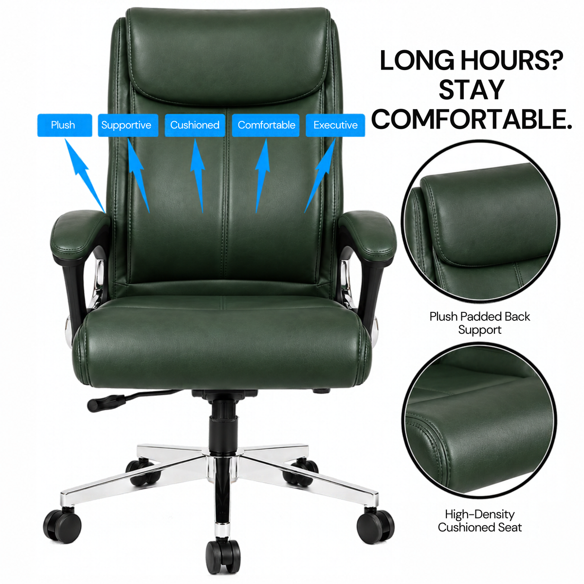 क्रोम बेस के साथ गहरे हरे रंग की हाई बैक डायरेक्टर कुर्सी
