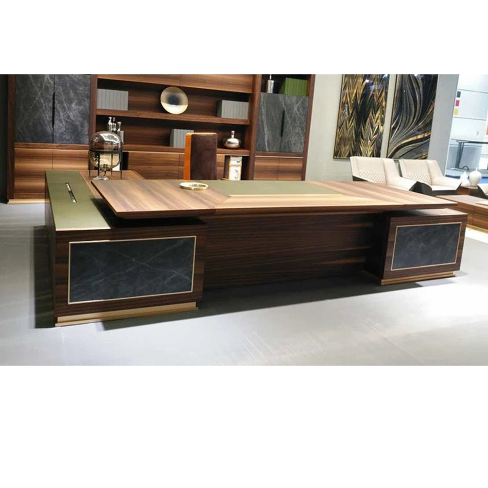 Director & Executive L-Shape Luxury Office Table with Modern Desk Design, Featuring Drawer and CPU Space, Stylish and Elegant Walnut Finish