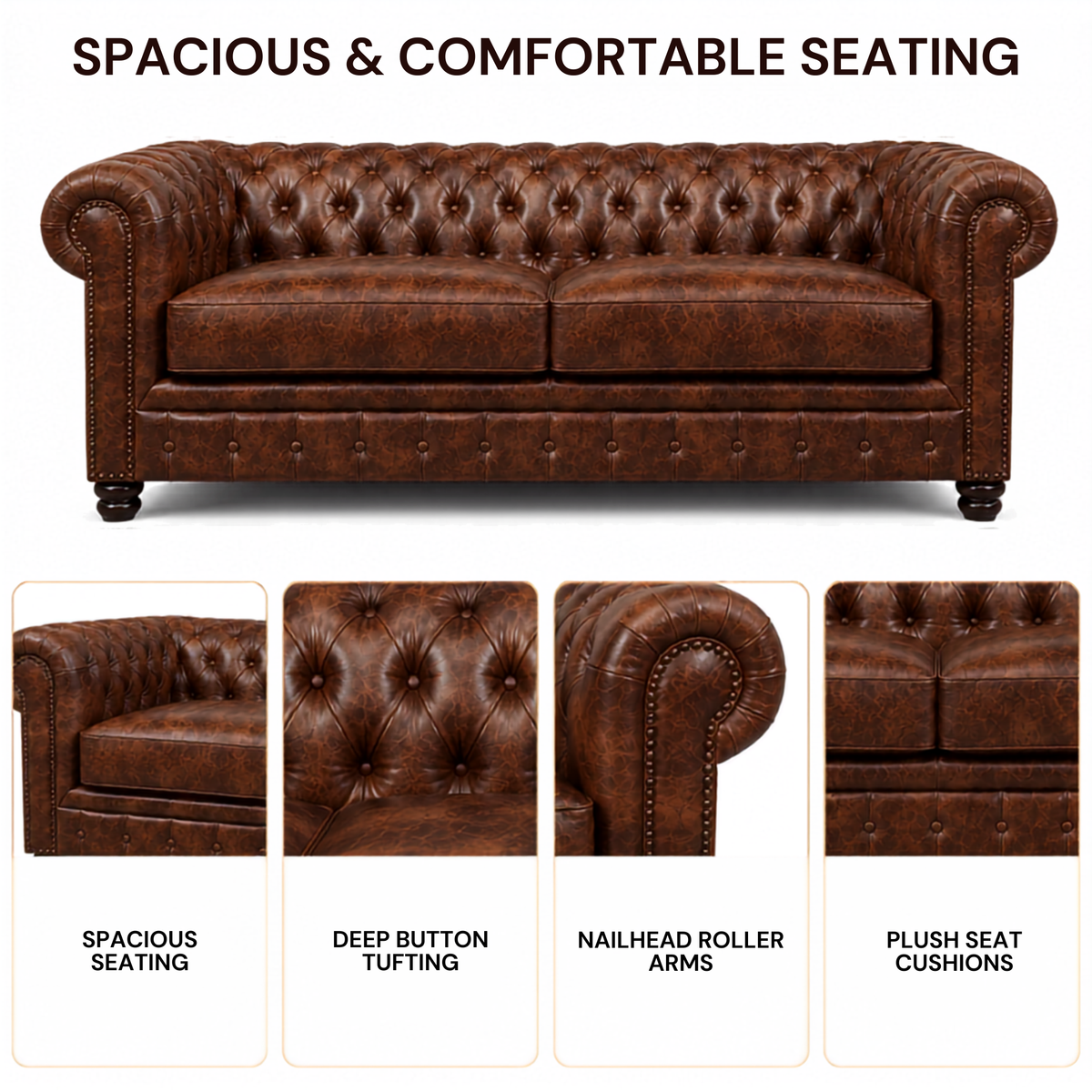 3 Seater chesterfield sofa Modern Design and Leatherette fabric Durable & Comfortable Padded Perfect for living Room -Brown
