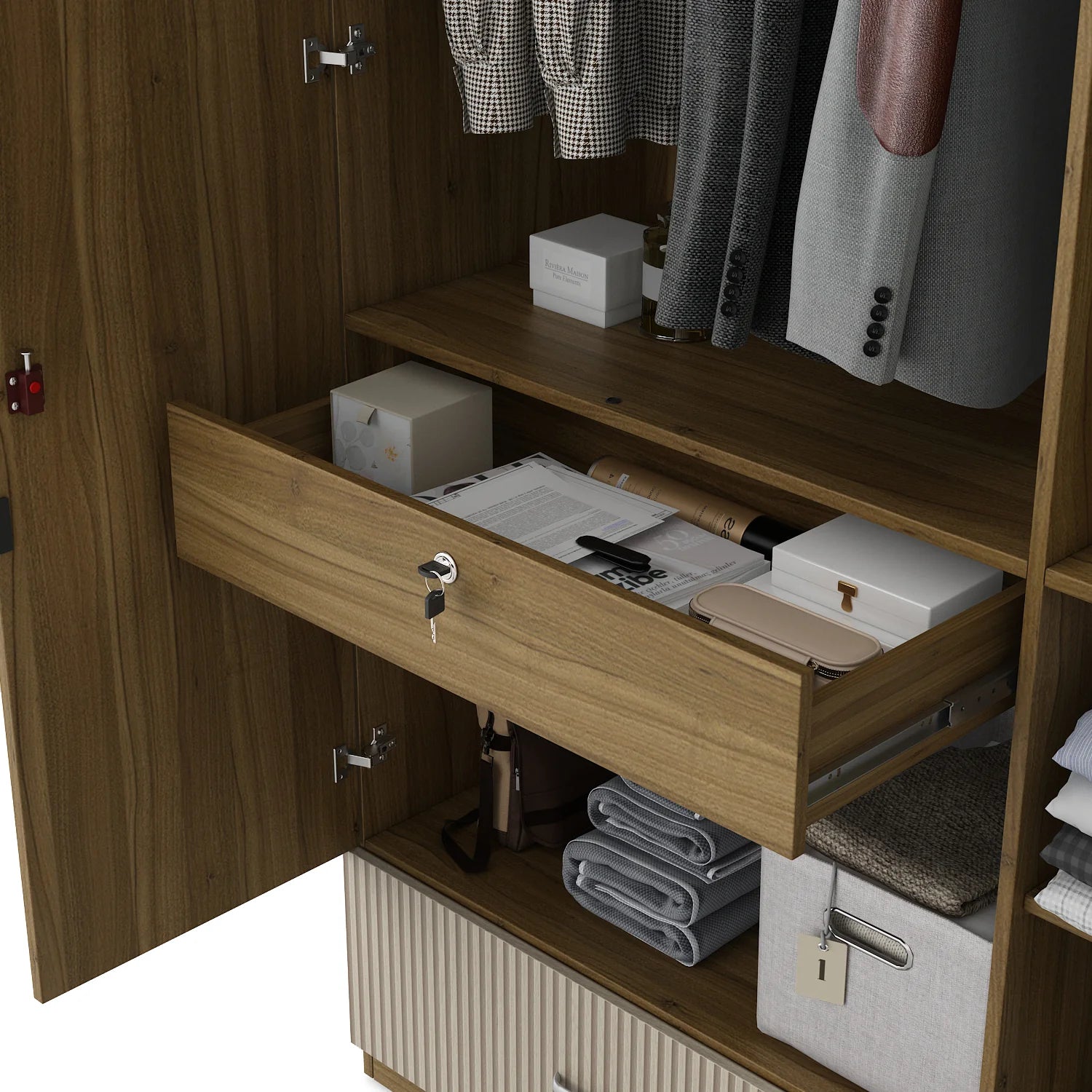 Wardrobe for Home 4-Door Modern Look, Luxurious High-Gloss Finish and Metallic Touch Handles