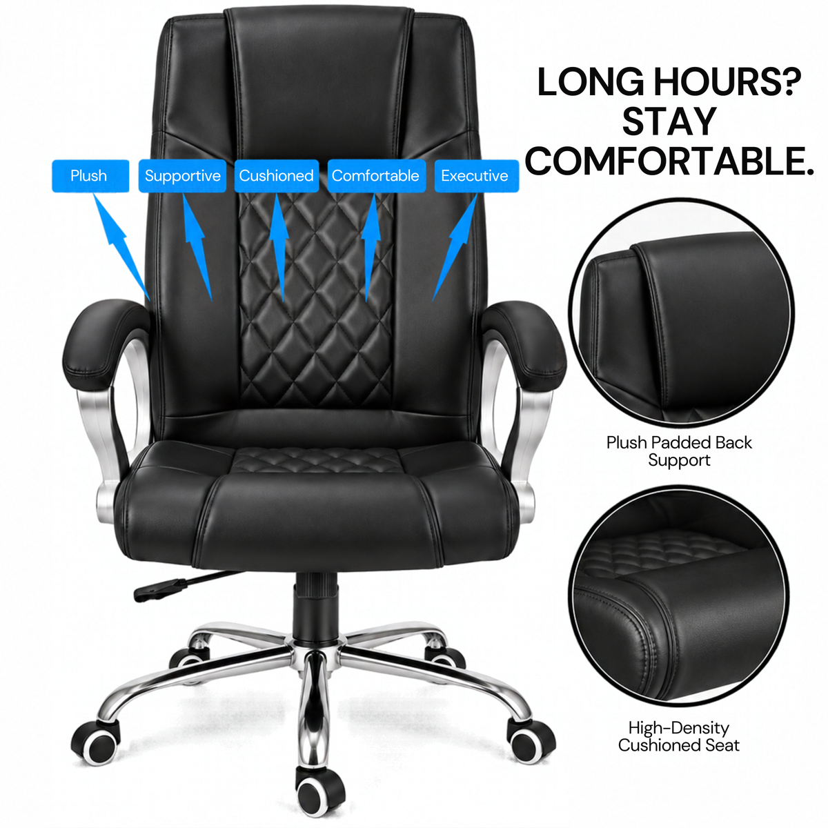 Modern Director Office Chair, Leatherette Upholstery with High Back and Powder-Coated Chrome Base