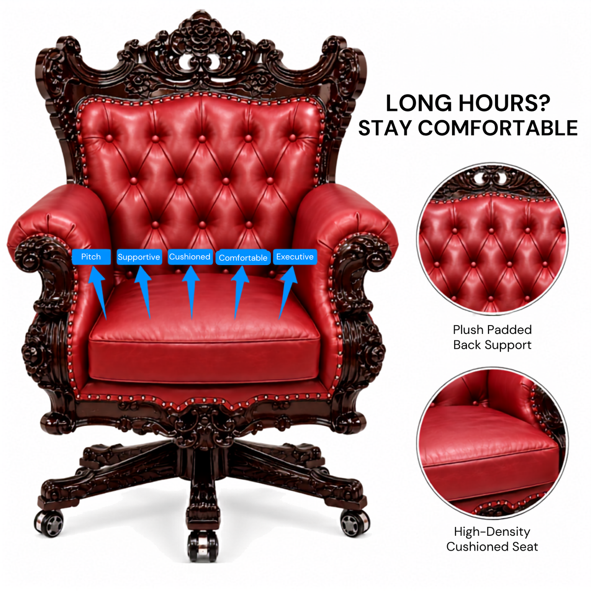 Design Hand Carved Teak Wood Adjustable Height 360D Swivel Button Tufted Office Armrest Chair