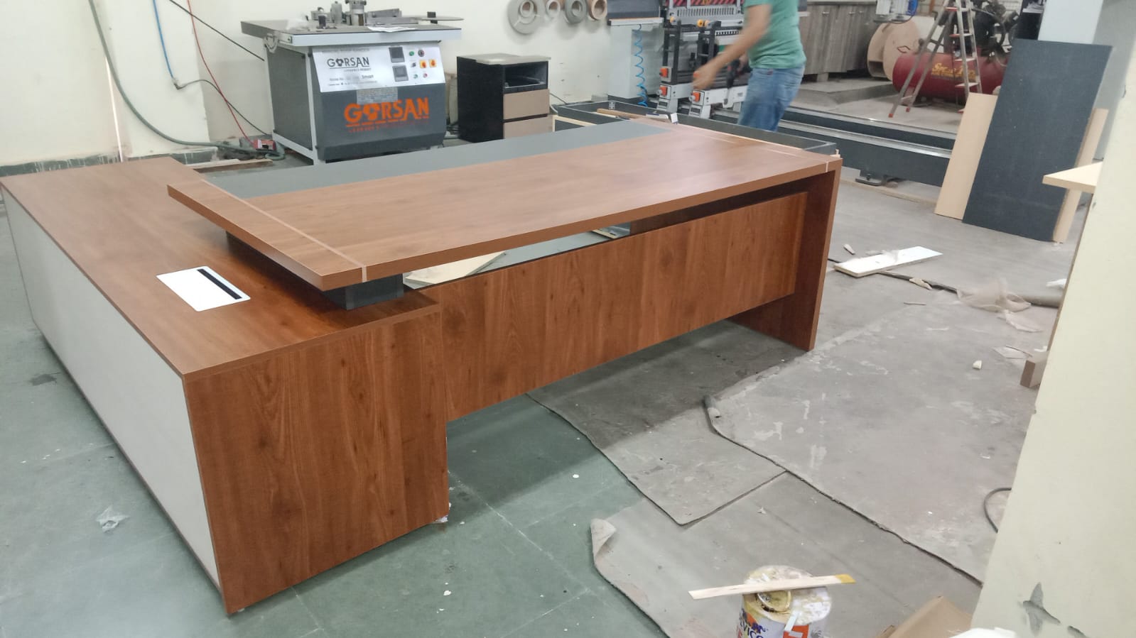 Director Office Table Made In Particle Board with Side Unite and Drawers & CPU Space - Teak Walnut Finish