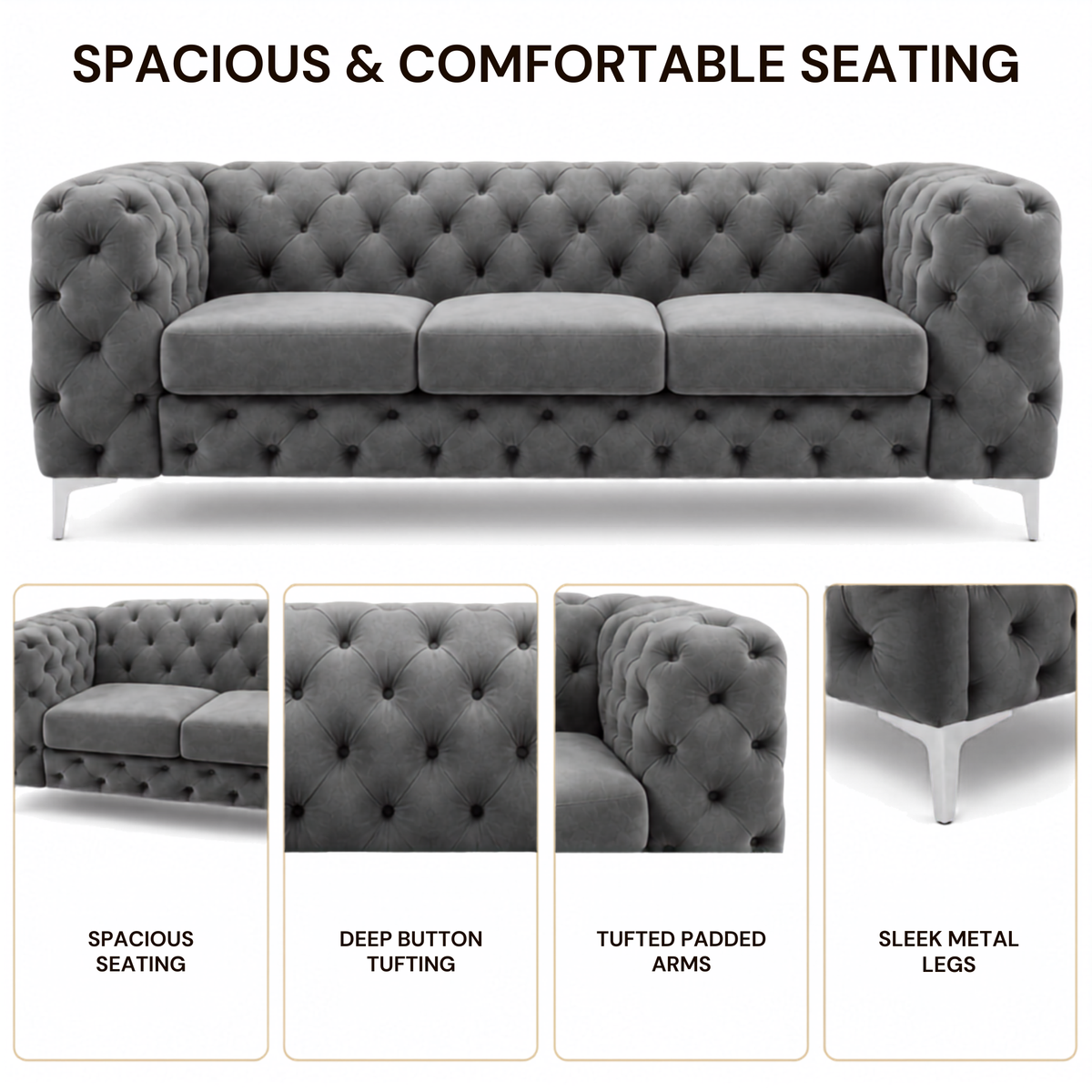 Premium Chesterfield 3 Seater Sofa with Deep Diamond Button Tufting, Curved Arms, Plush Cushioned Seats & Sleek Metal Legs