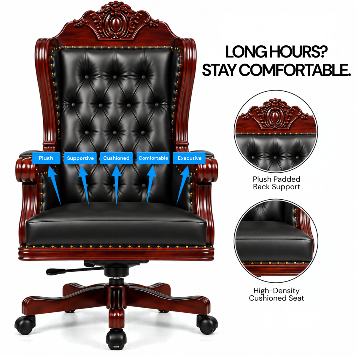 Director Chair Luxury High-Back Leatherette Office Chair with Adjustable Height, Fixed Armrests, Wooden Base, Premium Handcrafted Swivel Tilt Chair