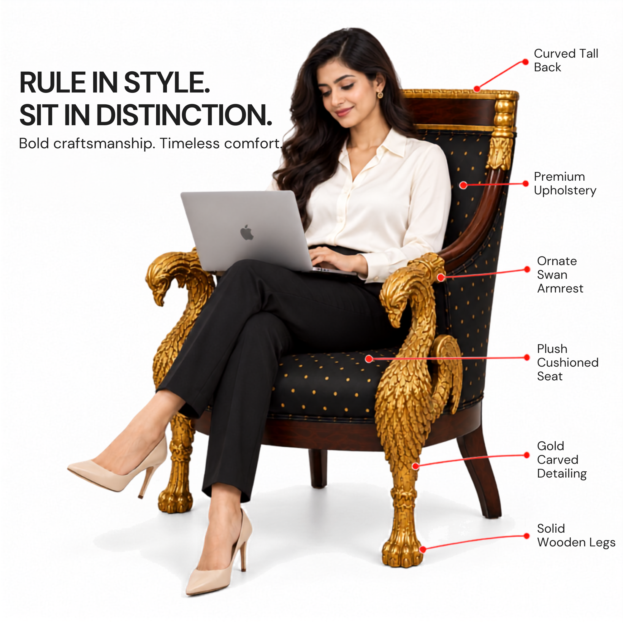 Royal Handcrafted Director's Chair – Solid Teak Wood with Fabric Upholstery & Golden Carved Armrests