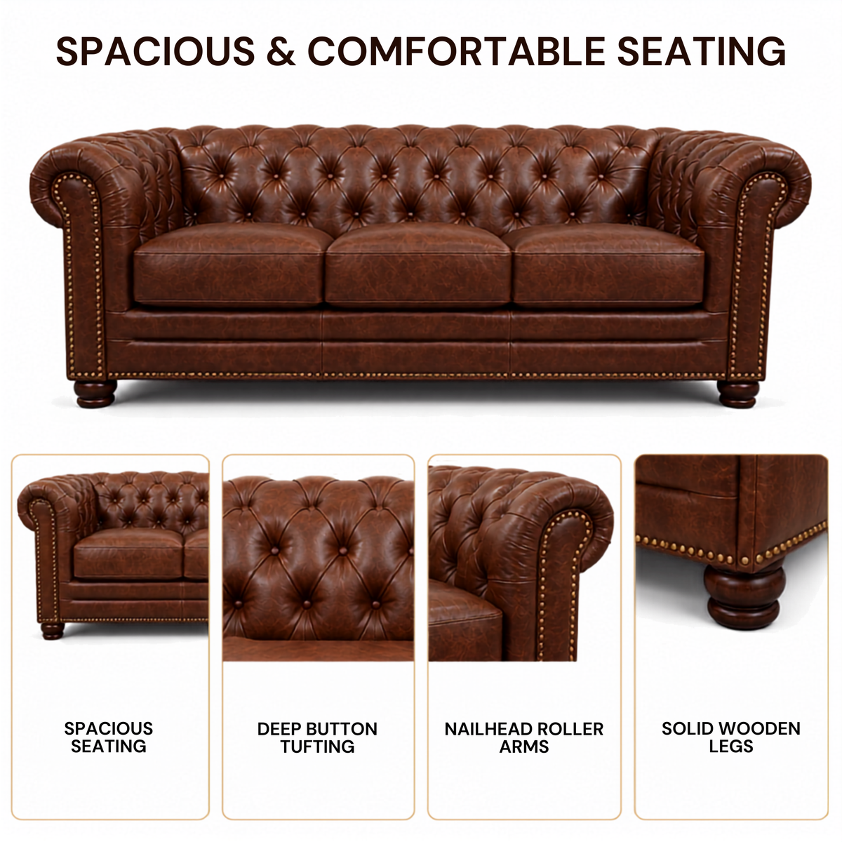 3 Seater chesterfield sofa Modern Design and Leatherette fabric Durable and Comfortable Padded Perfect for living Room, Office -Brown