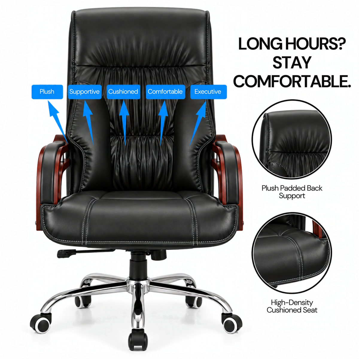 Luxury Boss Chair with High Back Leatherette Design and Stylish Chrome Base and Wooden Handle