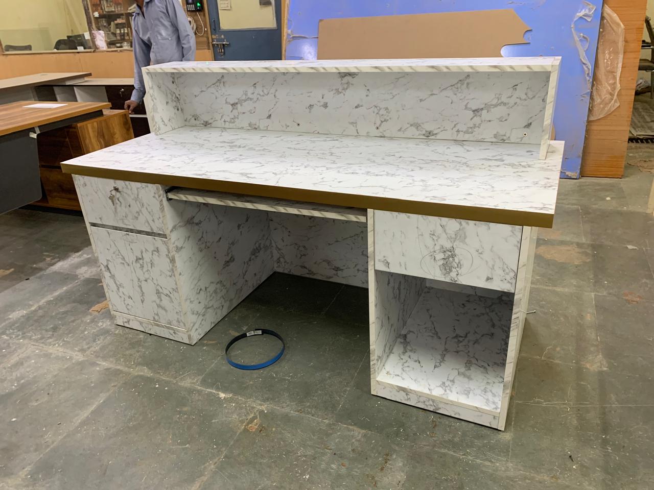 Reception Table for Office Luxury Modern Counter Stylish Design Made in MDF with Keyboard Tray And Drawers & Ample Storage CPU Space - White Color