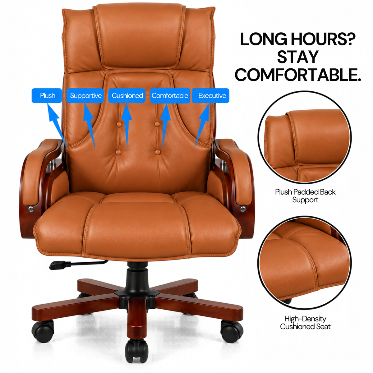 High Back Executive Chair for Office | Leatherette Upholstery with Wooden Base & Handle | Revolving Director Chair with Cushioned Seat & Headrest | Boss Chair Brown