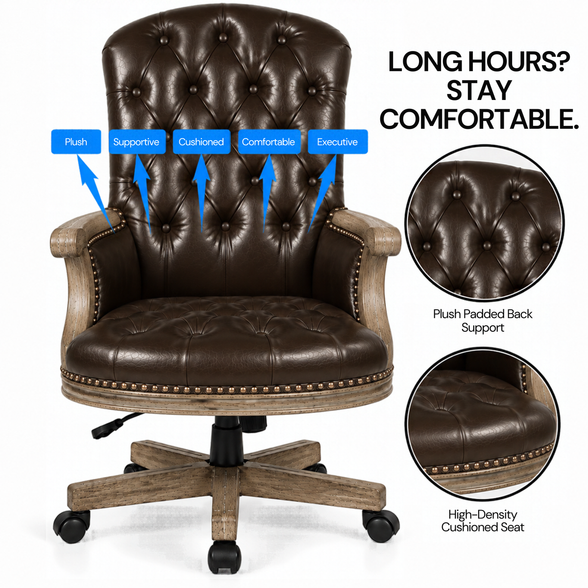 Director office Chair Tufted Design Made in Solid wood with Leatherette Upholstery & Armrest with Height Adjustable Premium Quality Chair