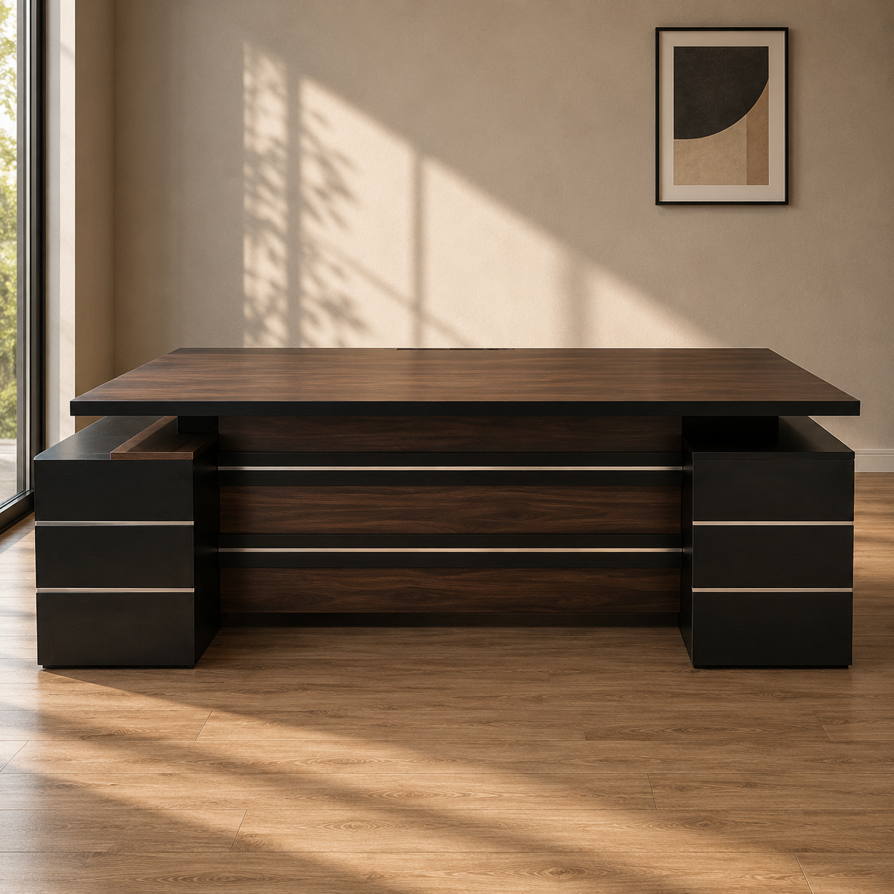 Director & Executive L-Shape Office Desk – Particle Board with Open Shelves & Drawer, Modern Office Table, Brown
