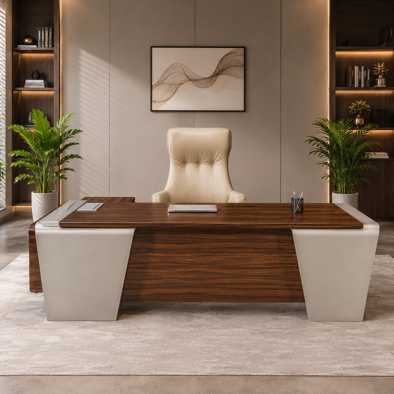 Director and Executive L Shape Office Table Made Particle Board with Side Unite and Drawers &amp; Openable Shutter