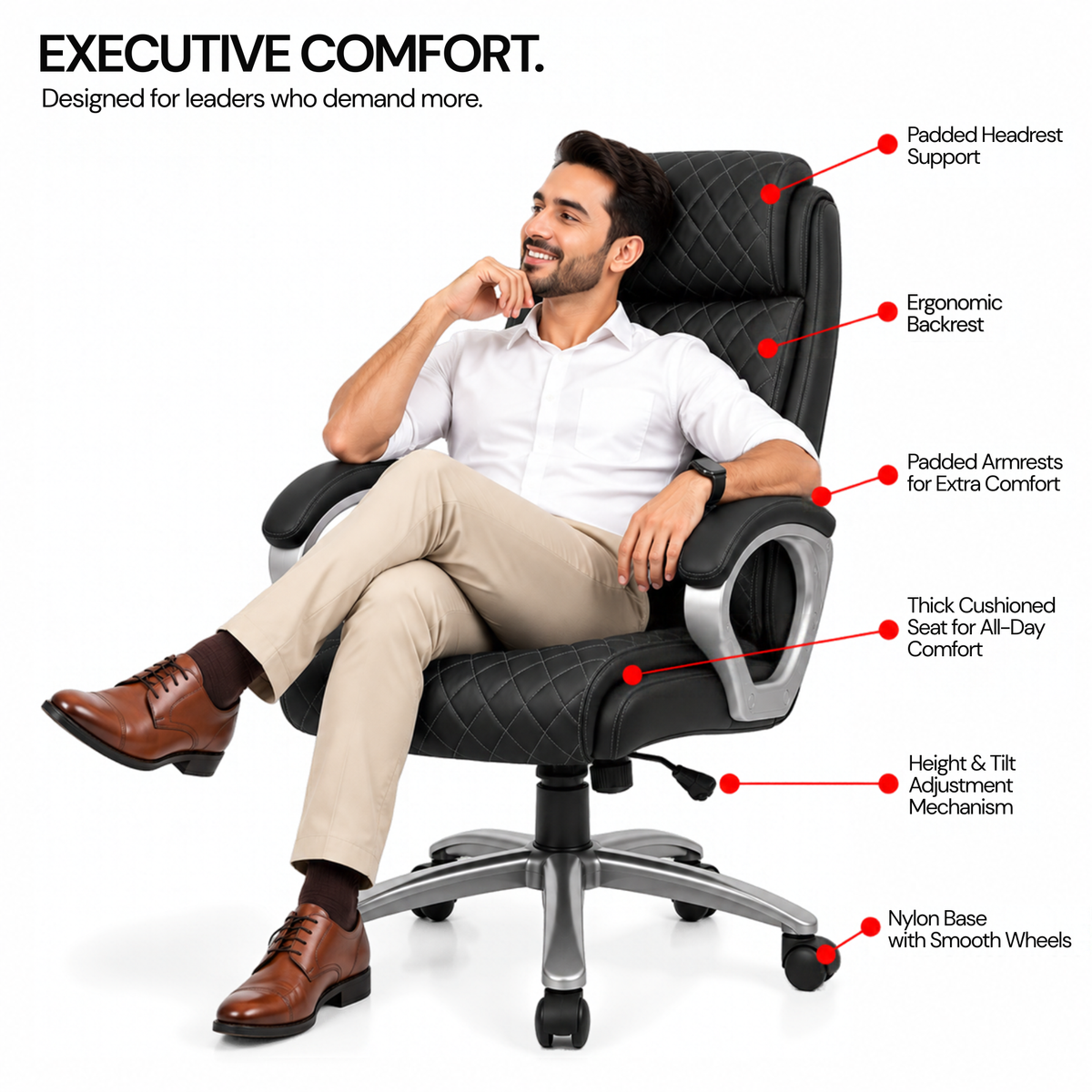 Luxury Executive Office Chair with Diamond Quilted High Backrest, Padded Headrest, Cushioned Armrests, Adjustable Height & Chrome Swivel Base
