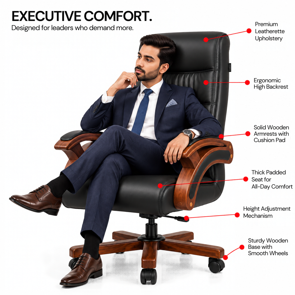 Director Chair for office Made in Plyboard with Leatherette Upholstery & Armrest with Height Adjustable & Revolving Chair -black