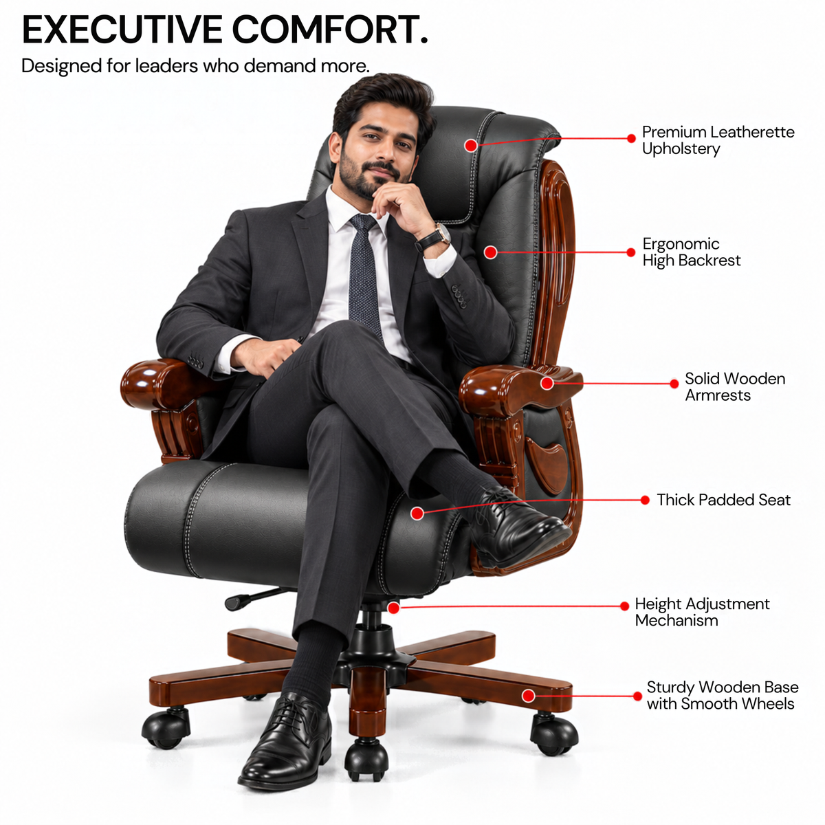 High Back Director Chair for office Luxury Design Made in Plyboard with Leatherette Upholstery & Armrests & Height Adjustable