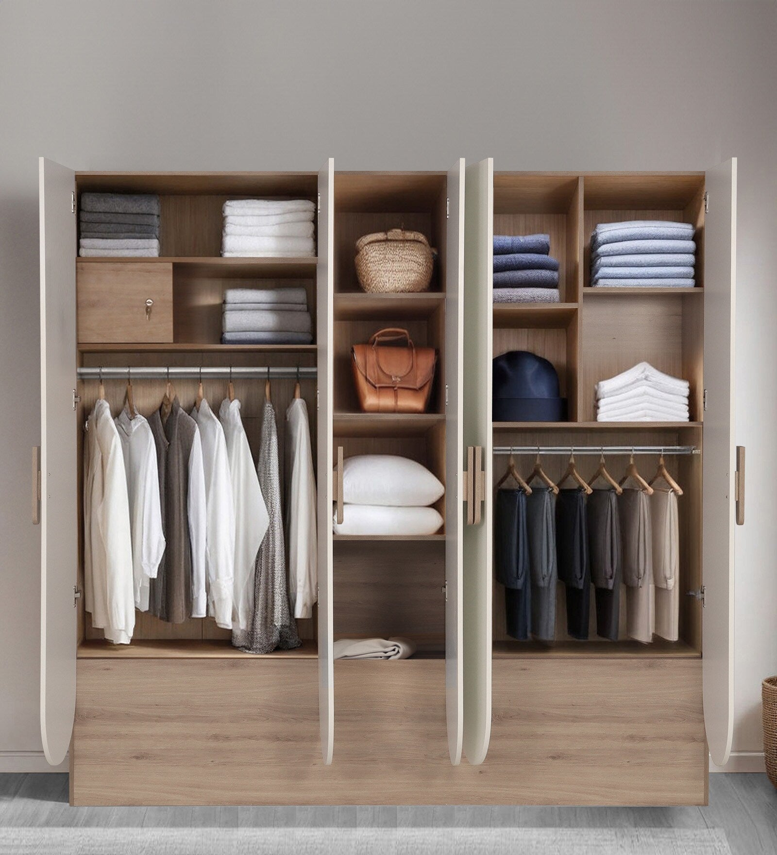 Wardrobe for Bedroom Storage – White Dual Mirrors, Dual Hanging Spaces, Lockable Drawers, Spacious Shelving & Elegant Particle Wood Build