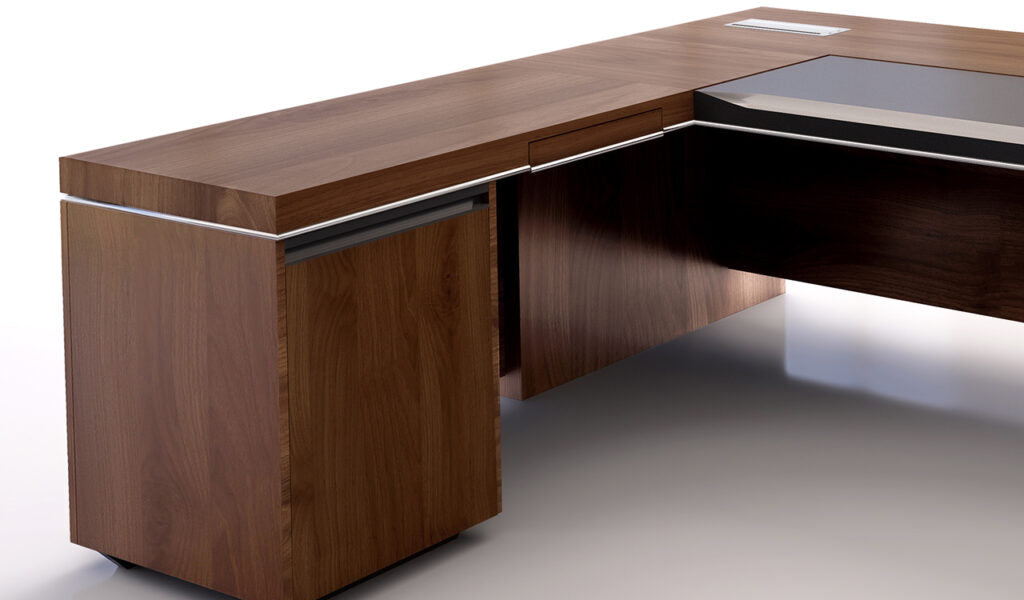 पार्टिकल बोर्ड से बनी डायरेक्टर ऑफिस टेबल, साइड यूनिट और दराज़ और सीपीयू स्पेस के साथ - टीक वॉलनट फ़िनिश