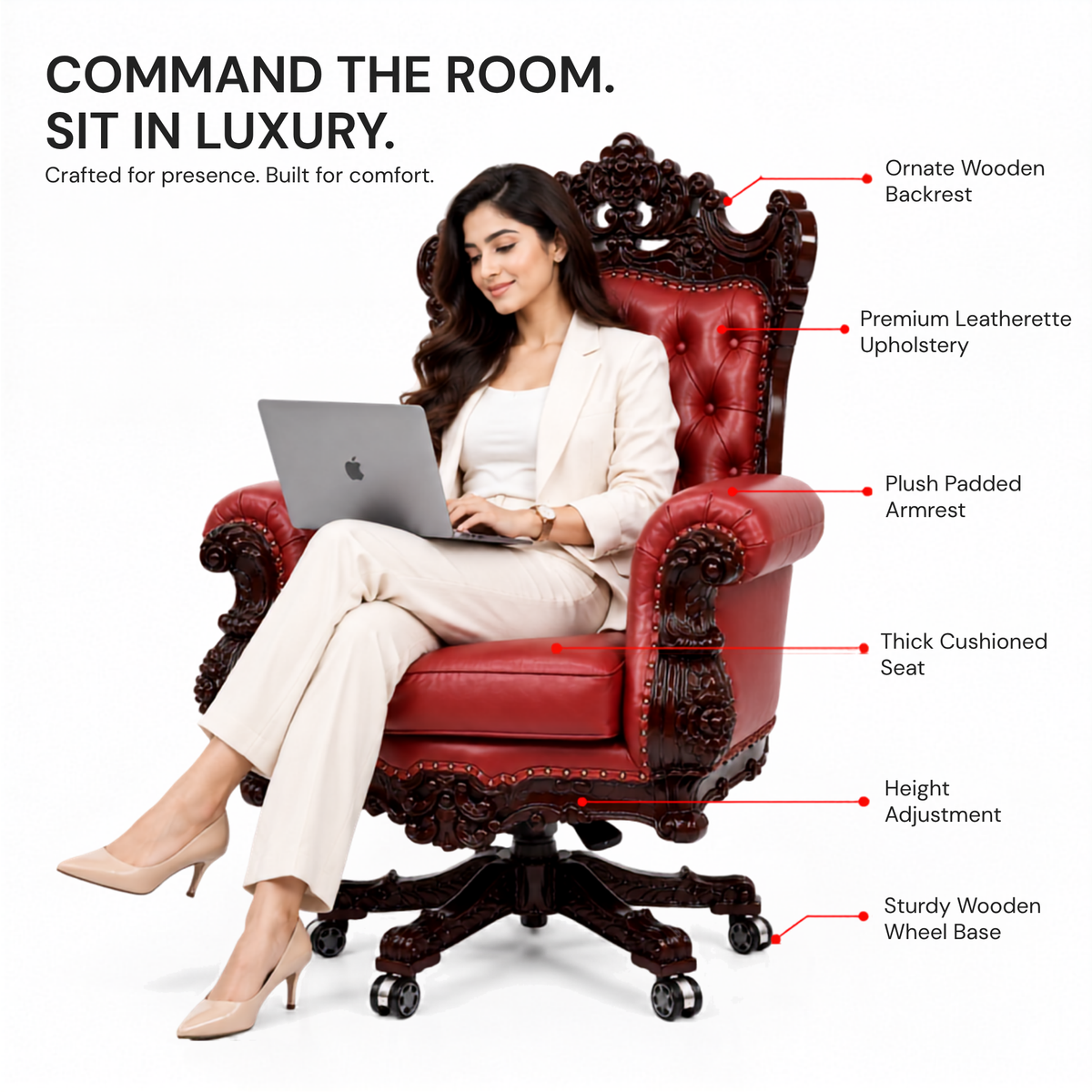 Design Hand Carved Teak Wood Adjustable Height 360D Swivel Button Tufted Office Armrest Chair