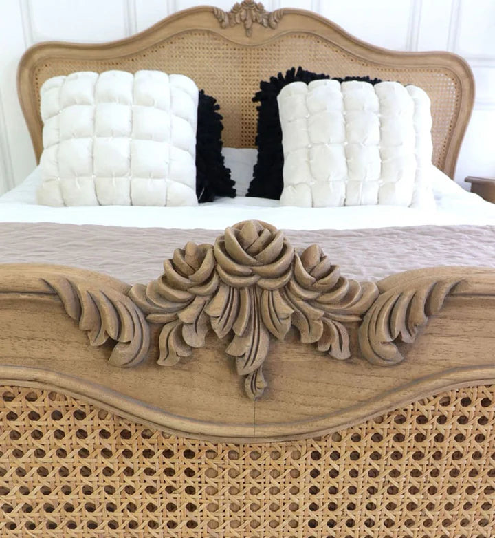 King Size Bed – Solid Wood Frame, Royal Look, Elegant Headboard, Luxury Finish, Wood Cane Bed – Handcrafted Elegance, Rattan Panel Design