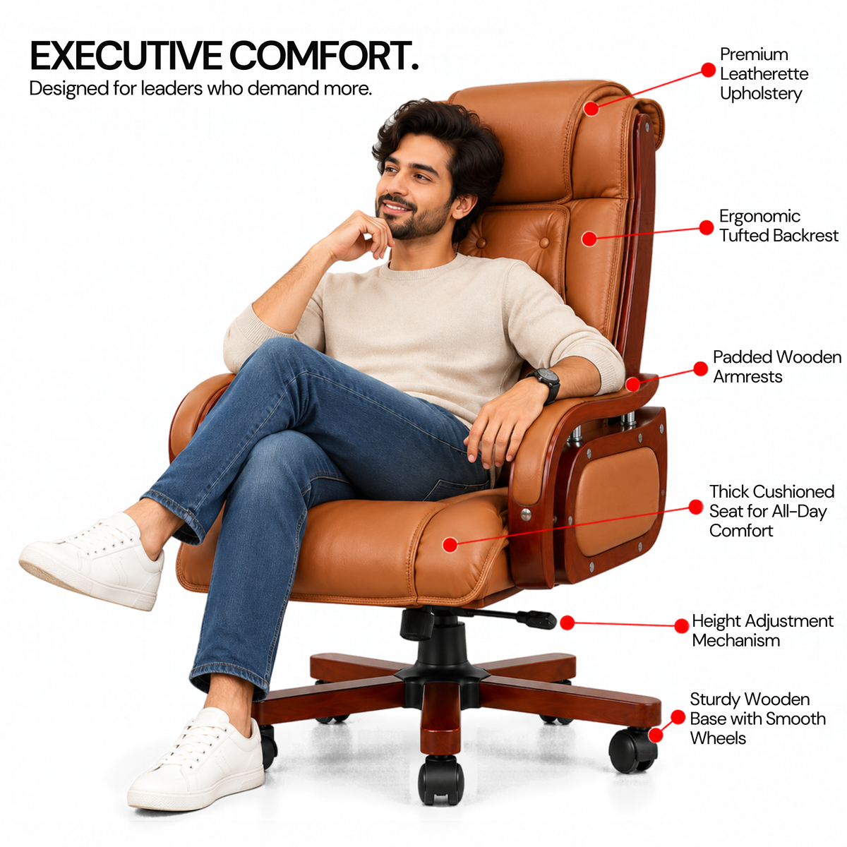 High Back Executive Chair for Office | Leatherette Upholstery with Wooden Base & Handle | Revolving Director Chair with Cushioned Seat & Headrest | Boss Chair Brown