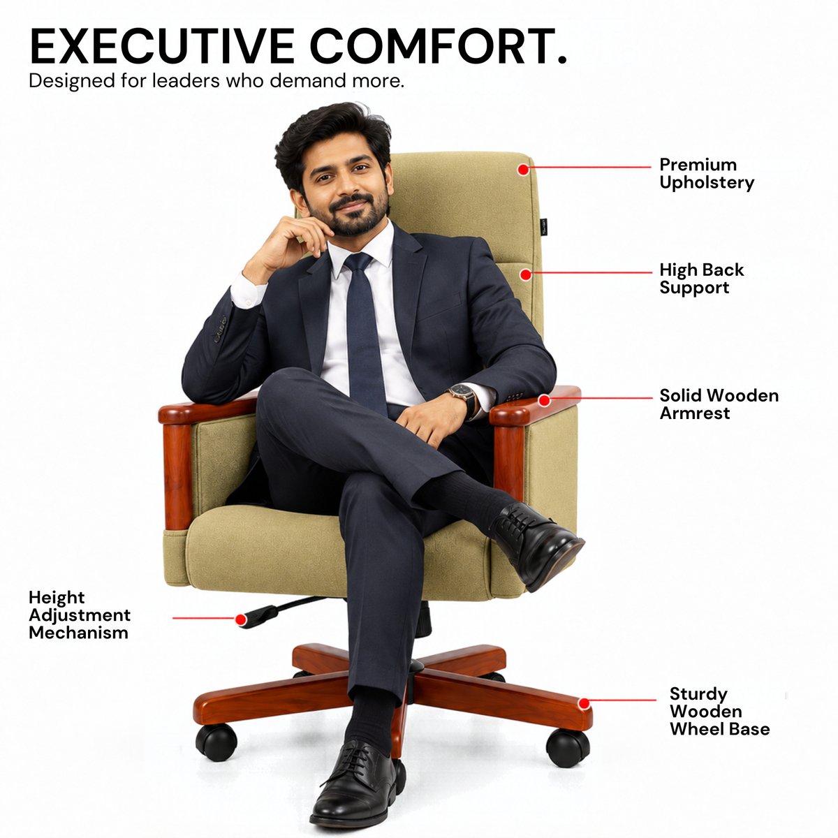 High Back Wooden with Fabric Revolving & Recliner Chair | Director Chair | Office - Cream Color