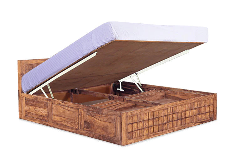 King Size Wooden Bed Smart Space-Saving Design with Hydraulic Storage High-Quality Solid Wood Frame, Premium Teak Veneer & Melamine Polish Finish