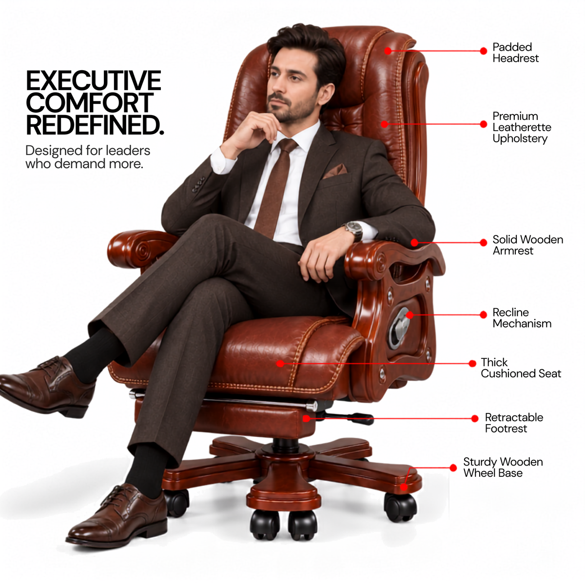 High Back Luxury Office Director Chair Made in Plyboard with Leatherette and High Density Foam & Recliner Feature and Double Wheel with wooden Polish