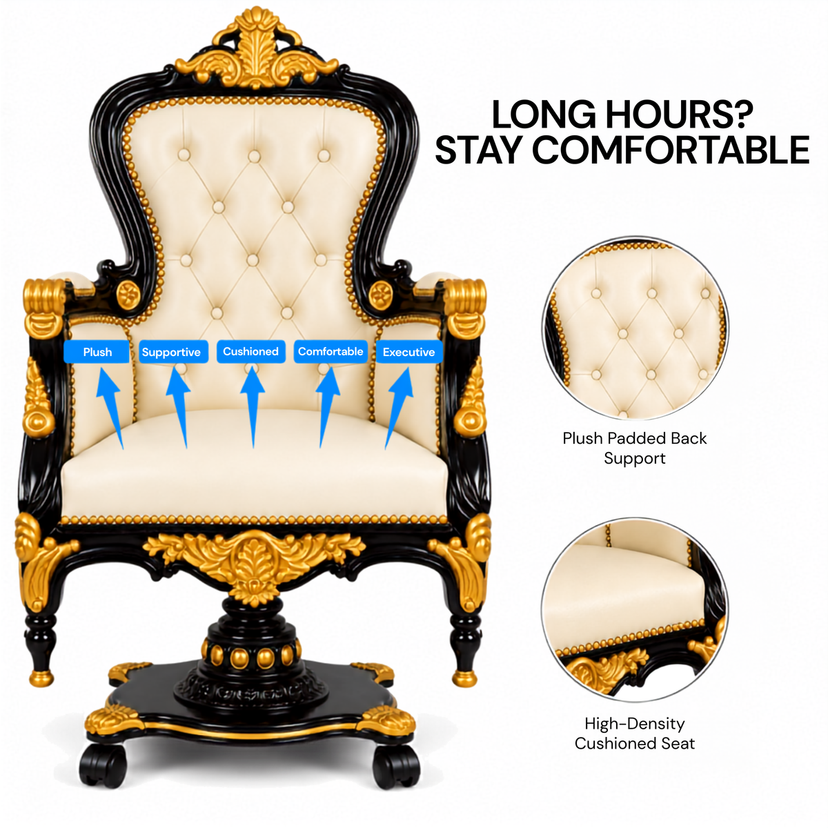Luxury Royal Executive Office Chair with Tufted Upholstery, Hand-Carved Wooden Frame, High Back Swivel Chair for CEO Cabin & Home Office