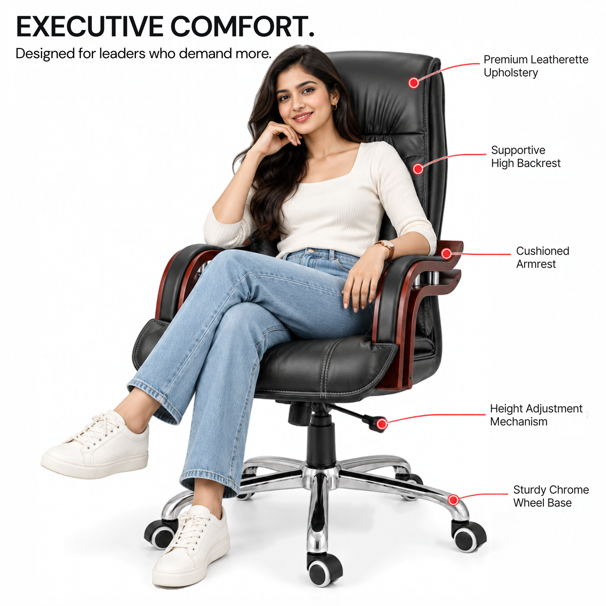 Luxury Boss Chair with High Back Leatherette Design and Stylish Chrome Base and Wooden Handle