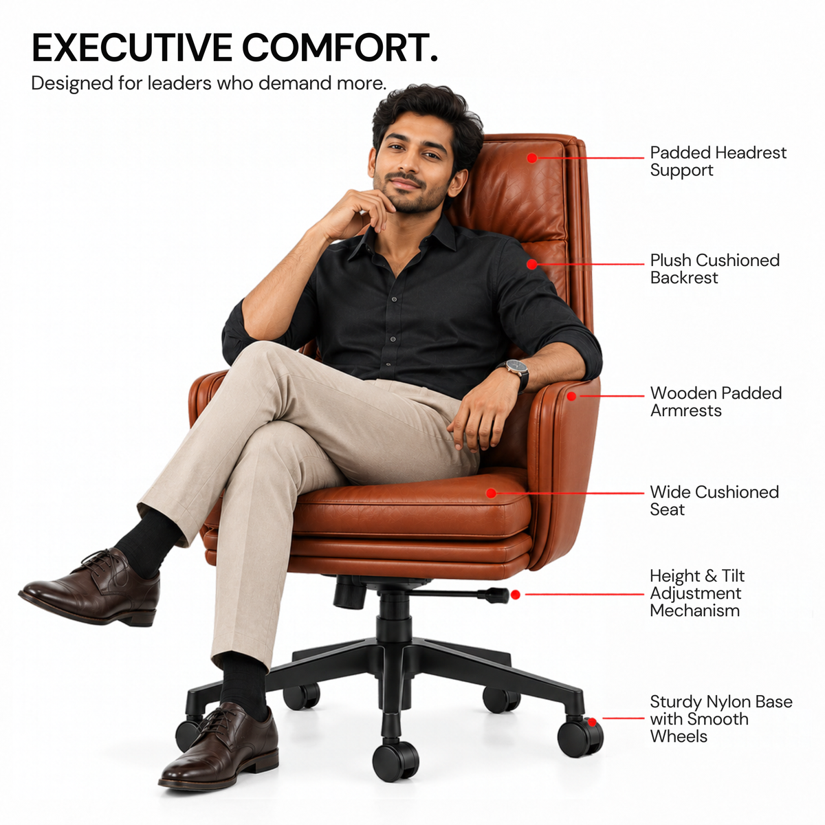Premium High Back Executive Office Chair with Padded Armrests, Tilt Mechanism, Height Adjustment & Smooth Mobility for Home and Office