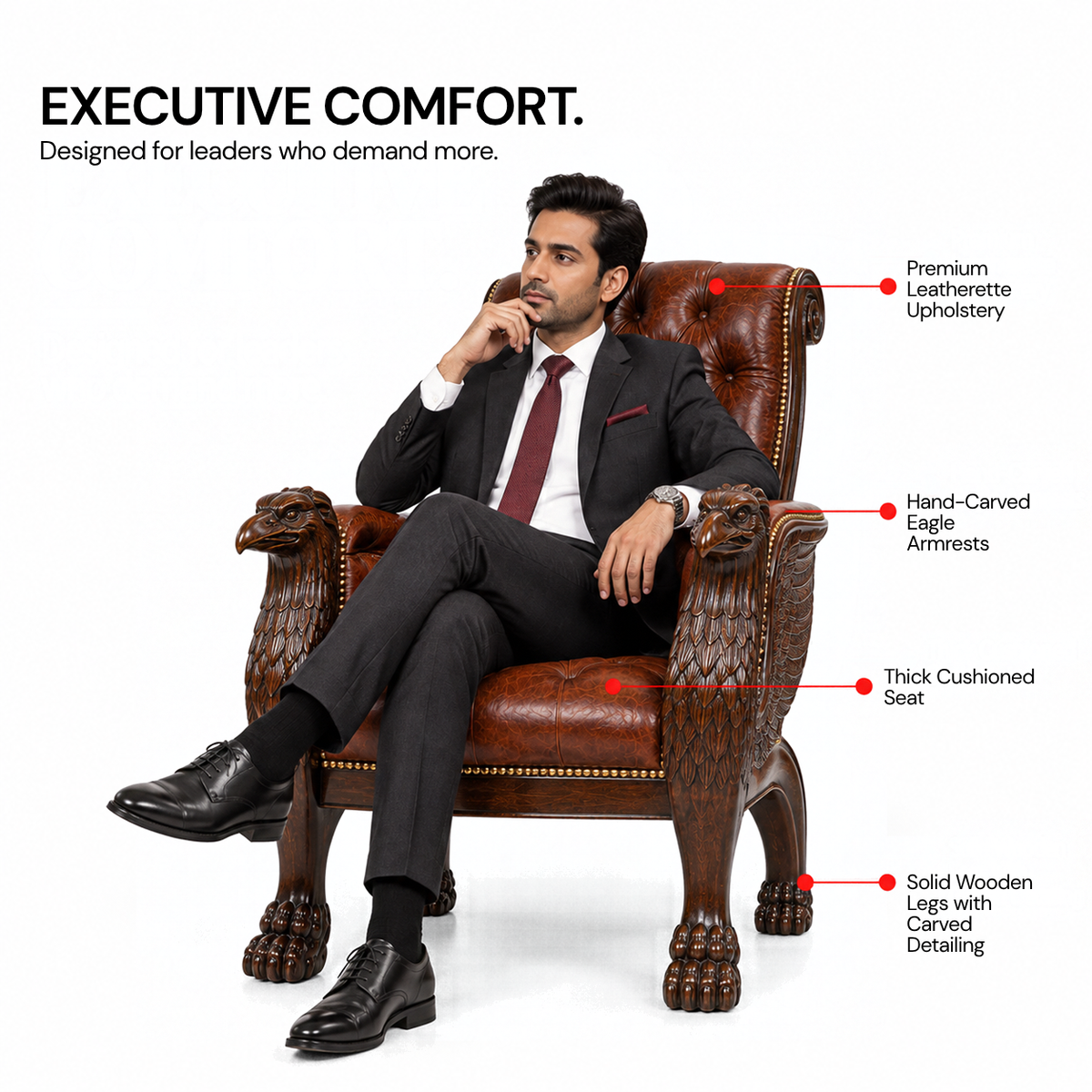 Royal Handcrafted Director's Chair – Solid Teak Wood with Leatherette Upholstery & Brown Carved Armrests