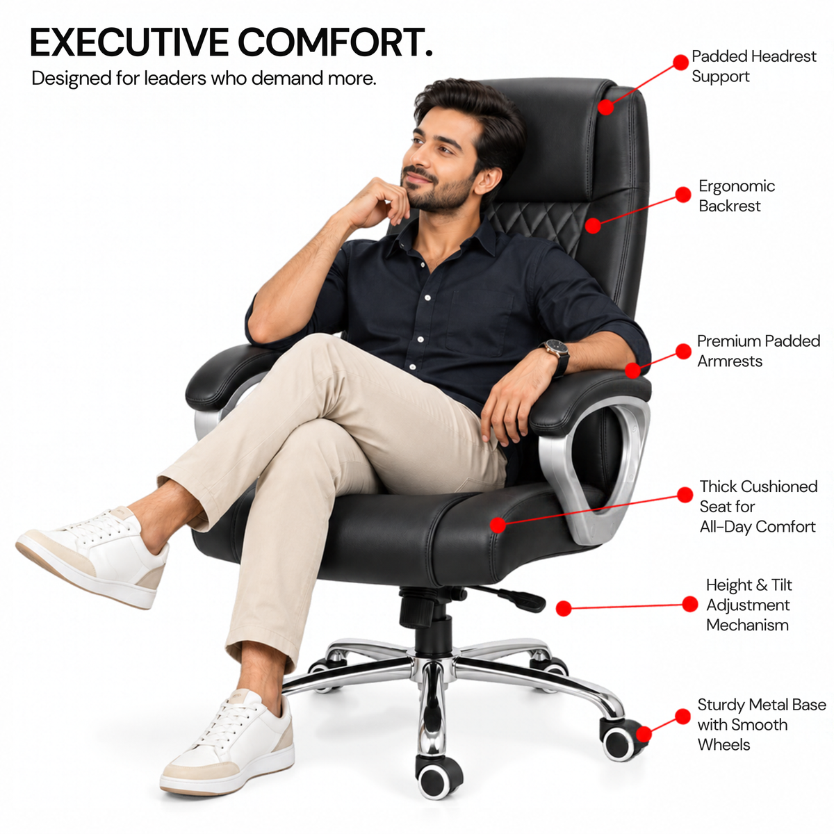 Modern Director Office Chair, Leatherette Upholstery with High Back and Powder-Coated Chrome Base