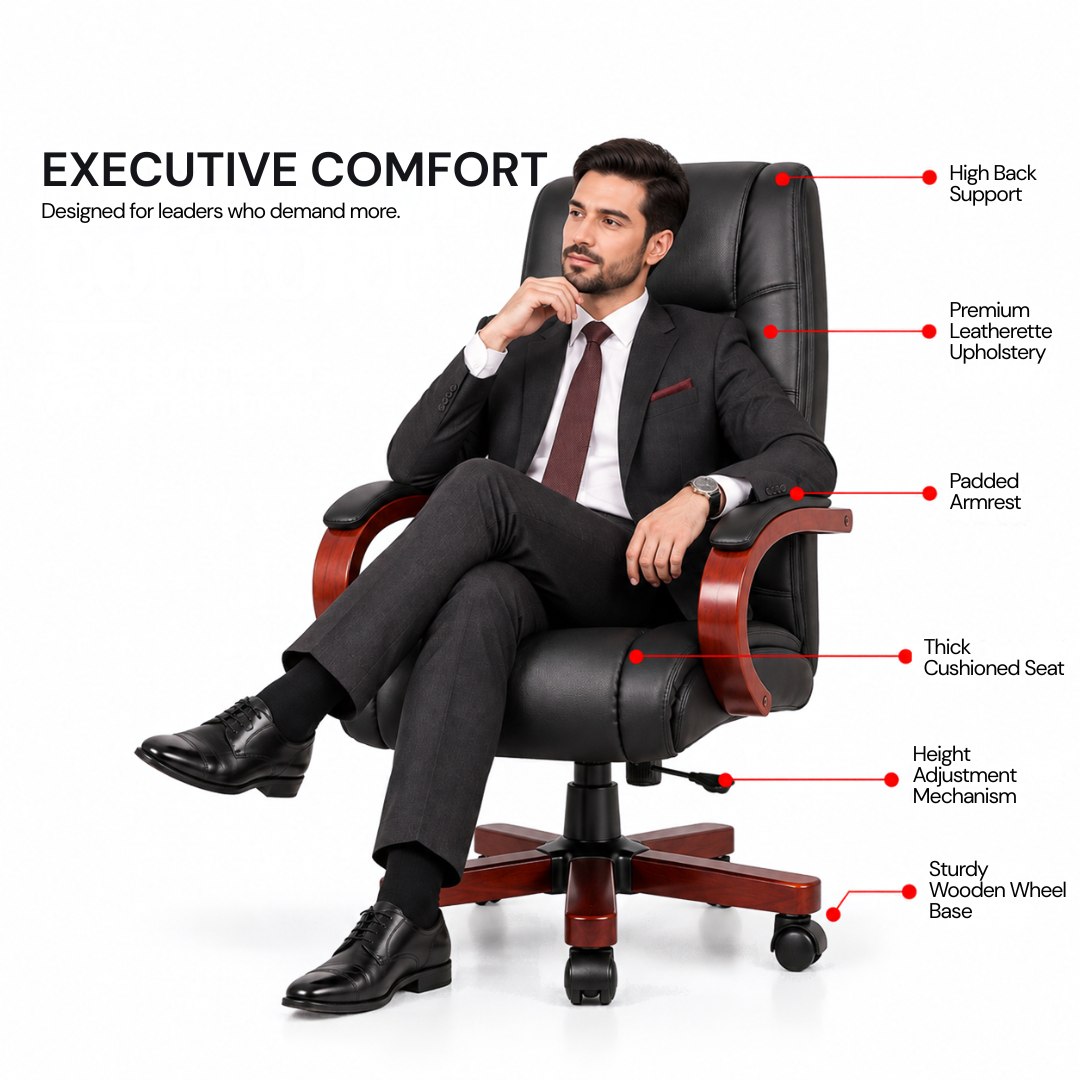 Stylish Leatherette Director and Boss Office Chair with Wooden Handle and Base