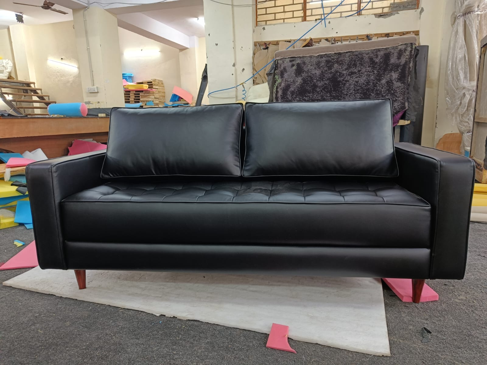 3 Seater Leatherette Sofa with Wooden Legs