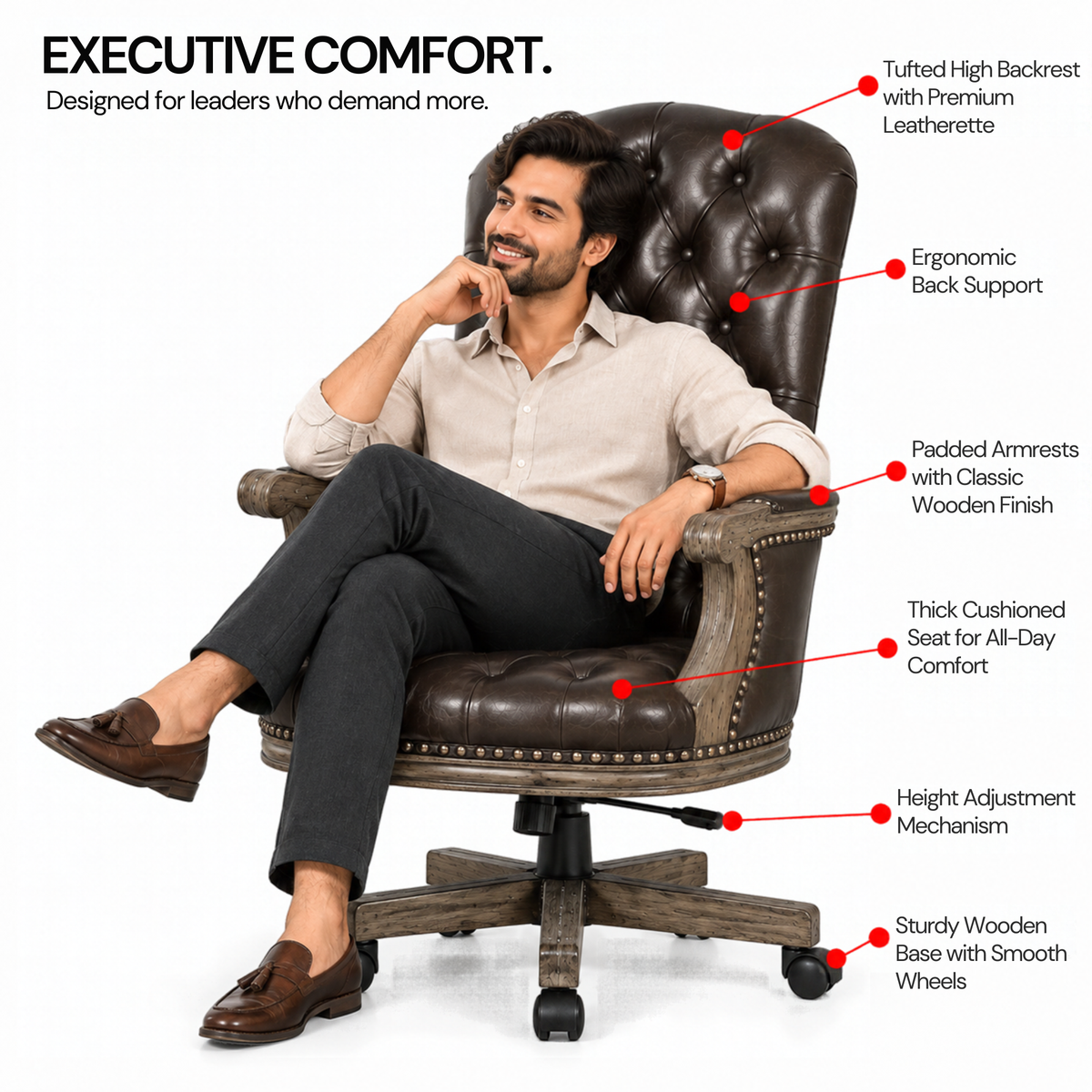 Director office Chair Tufted Design Made in Solid wood with Leatherette Upholstery & Armrest with Height Adjustable Premium Quality Chair
