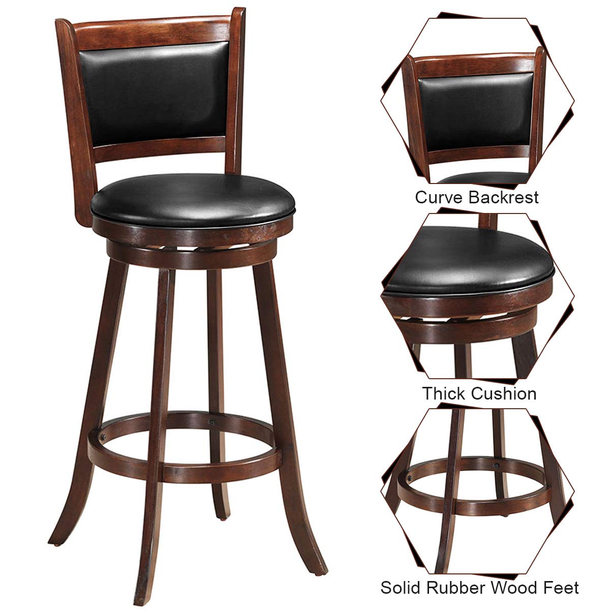Swivel Counter Height Bar Stool with Padded Faux Leather Seat and Back, Solid Wood Frame - Ideal for Bar Stool
