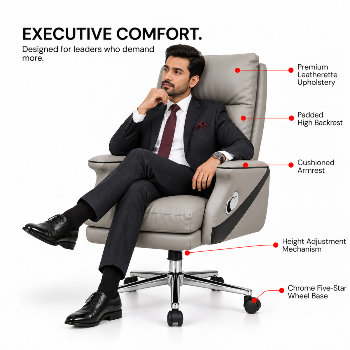Luxury Leatherette Director High Back Office Chair with Recliner, Ergonomic Design, Chrome Base and Smooth Castors – Premium Brown Executive Chair