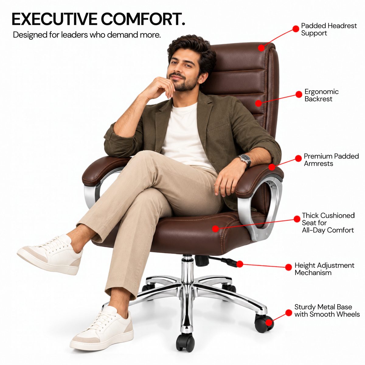 Premium Director Chair, Leatherette Upholstery, Powder-Coated Chrome Base
