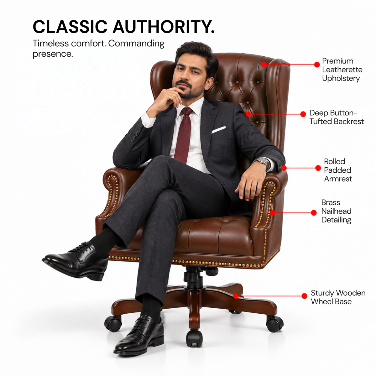 Luxury Wingback Swivel Chair with Wooden Base and Classic Tufted Style Director Desk Chair