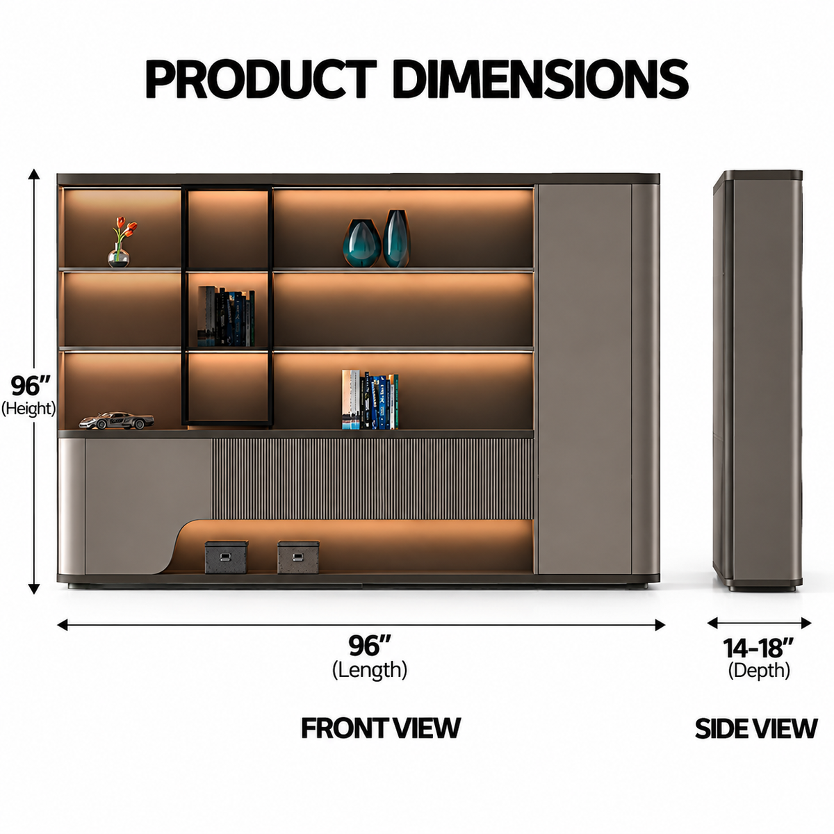 Luxury Office Back Storage Unit with LED Display Shelves, Fluted Panels, Curved Cabinet and Closed Storage for Director Cabins