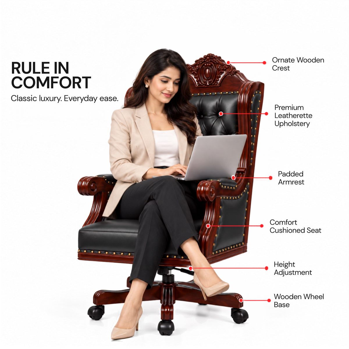 Director Chair Luxury High-Back Leatherette Office Chair with Adjustable Height, Fixed Armrests, Wooden Base, Premium Handcrafted Swivel Tilt Chair