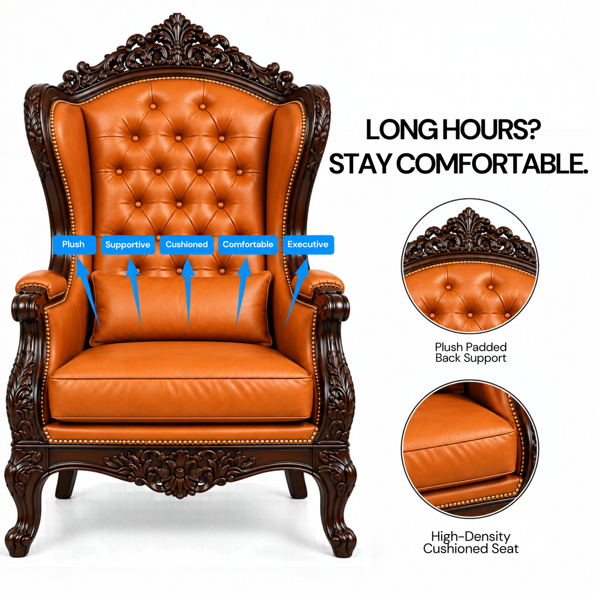 Royal Maharaja High Back Chair, upholstered in luxurious Leatherette, featuring wide armrests and design and Hand Crafting Chair Durable & High Comfort Chair