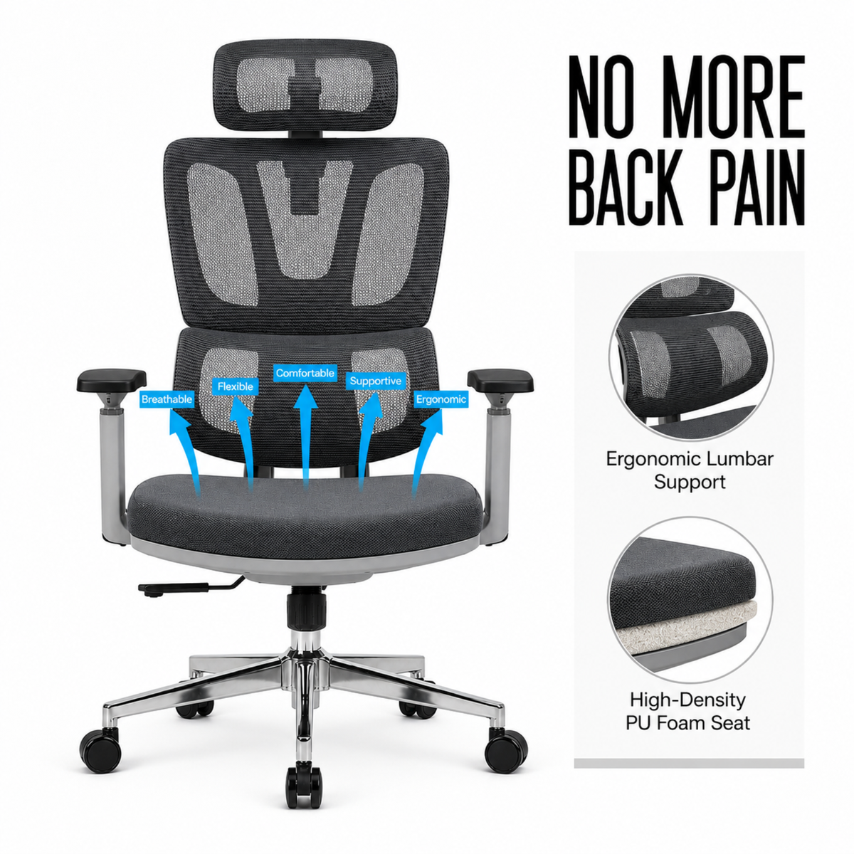 Executive High Back Mesh Chair with Adjustable Headrest, Ergonomic Lumbar Support, Breathable, Comfortable Seat Cushion, Smooth Swivel Base for Office